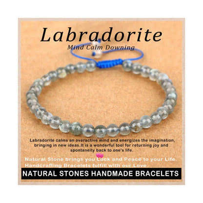 AD Beads 4mm Labradorite Bracelet - Stone of Mind Calm Downing - Handmade Natural Stone Crystal Bracelet with Adjustable Macrame String - Yoga Healing Power Energy Gifts for Men and Women