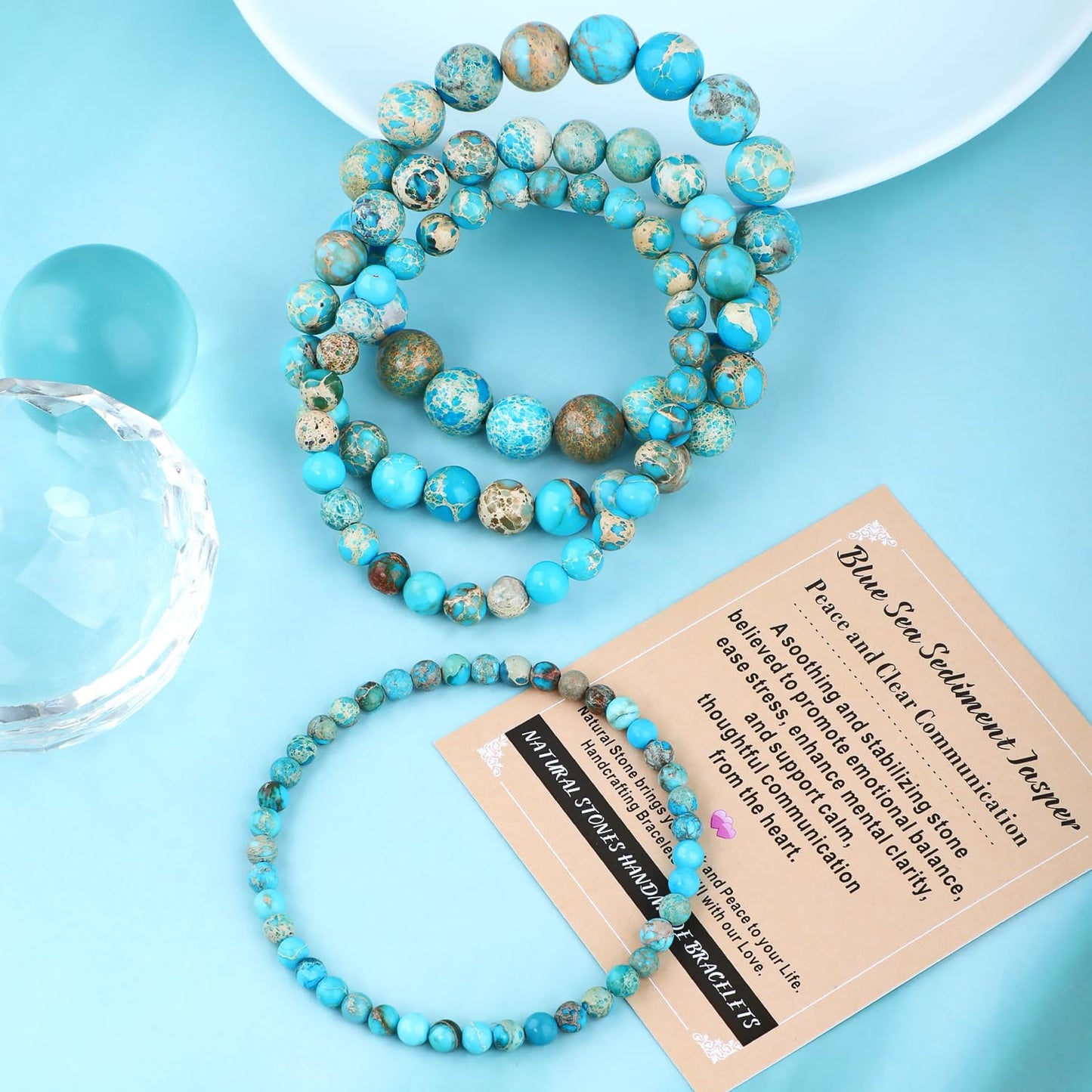 AD Beads 4mm Handmade Blue Sea Sediment Imperial Jasper Elastic Bracelet – Natural Gemstone for Joy & Positivity – Meditation, Yoga, Healing and Energy Gift for Men Women