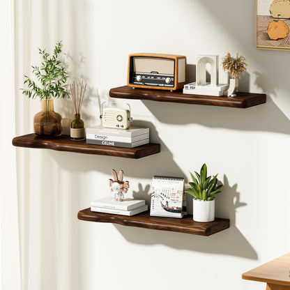 Avytronx Solid Wood Live Edge Floating Shelves Set of 2 – 24" Rustic Wall Shelf with Hidden Bracket System, Wall Mounted Shelves for Bathroom, Kitchen, Living Room, Bedroom (Walnut)