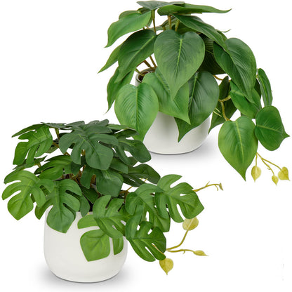 GnFlus Fake Plants Set of 2 Artificial Plants Faux Pothos with White Ceramic Pots Fake Potted Plants Artificial Decor for Home Bathroom Shelf Desk Indoor