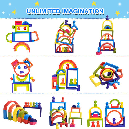 BOZE SUPOD Wooden Toys, Montessori Toys for Kids 3 4 5 6+Years Old Boys Girls Rainbow Stacking Blocks Set Preschool Activites Educational Toy Gifts for Toddler-19PCS