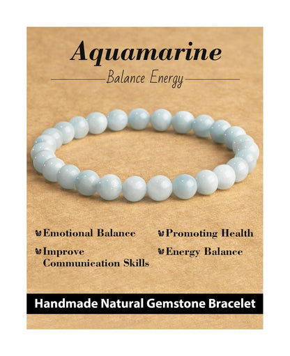 Landorilo Beaded Bracelet for Men Women, 6mm Natural Stone Aquamarine Healing Crystal Stretch Bracelets, Ideal Christmas Birthday Jewelry Gifts with Energy Card，Replacement Beads Included