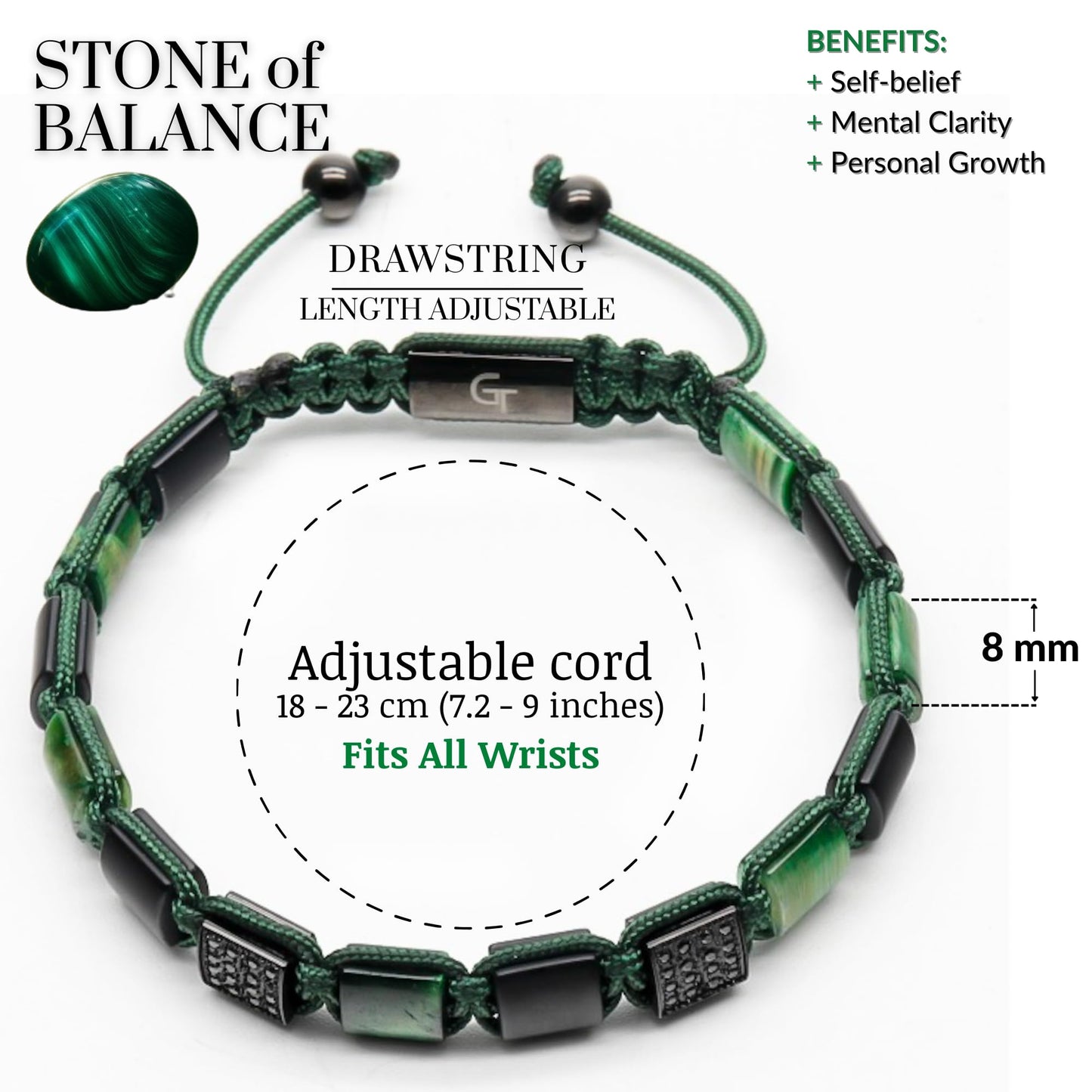2 PIECE SET - Men's Beaded Bracelet And Flatbead Bracelet | Gift for Men | One Size Fits All | Used for Its Grounding Effects | 100% Natural | Adjustable Bracelet for Men with Gemstones (Green)