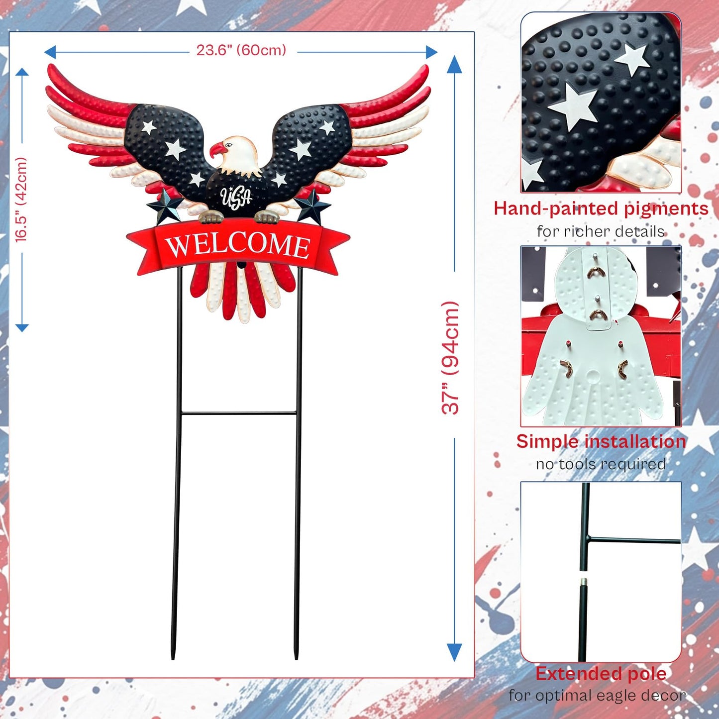 4th of July Decorations Outdoor,37" Americana Eagle Metal Decorative Garden Stakes for Memorial Day Independence Day Patriotic Garden Decor, Red White Blue 250th Anniversary Welcome Yard Signs