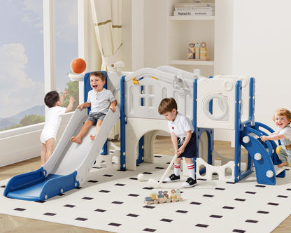 67i 10-in-1 Toddler Playground Set with Slide & Climber, Indoor Outdoor Play Gym for Toddlers 1-3, Quick Compact Setup Kids Playset with Basketball Golf Ring Toss Telescope Dino Area (Blue Gray)
