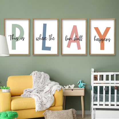 This Is Where The Fun Stuff Happens Kids Playroom Wall Art 11x16 Inch Set Of 4 Rustic Kids Wood Framed Boy Sign Toddler Modren Nursery Interesting Let's Play Prints Wall Hang Decor (Wood)