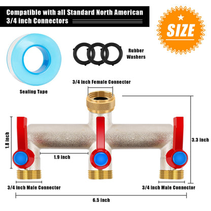 3 Way Brass Garden Hose Splitter, 3/4" Hose Splitter 3 Way Heavy Duty with Extension Handles, Outdoor Faucet Splitter Water Spigot Splitter with Individual On/Off Valve