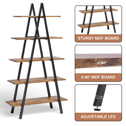 YOUDENOVA 5-Tier Ladder Bookshelf, Industrial A-Shaped Bookcase, Christmas Village Display Stand, Tall Ladder Shelf Storage Organizer for Living Room, Home Office, Black