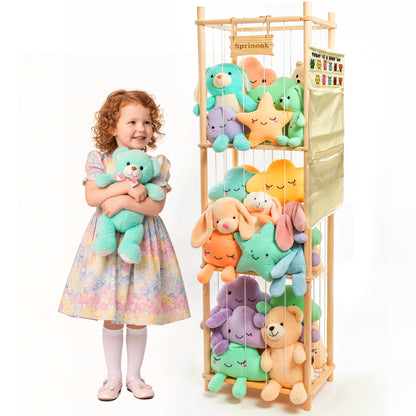54-Inch Tall Stuffed Animal Storage Organizer - Premium Wooden Plush Toy Holder Zoo, Large Toy Storage Tower with Elastic Rope & Side Storage Bag for Kids Room, Nursery, Playroom, Corner (Sprinoak)