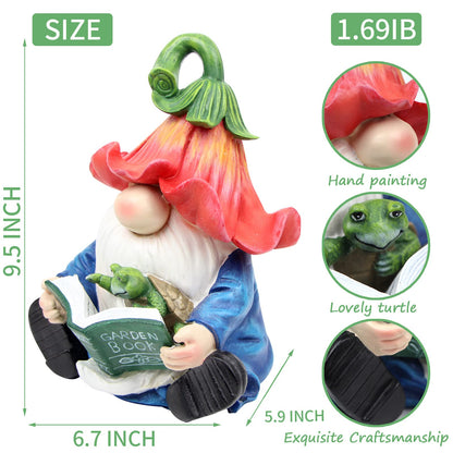 Sinhra Garden Gnome Statue-Resin Gnome Figurine Hugging Turtle Reading Book with Solar LED Lights，Outdoor Summer Decorations for Patio Yard Lawn Porch,Garden Ornament Gift