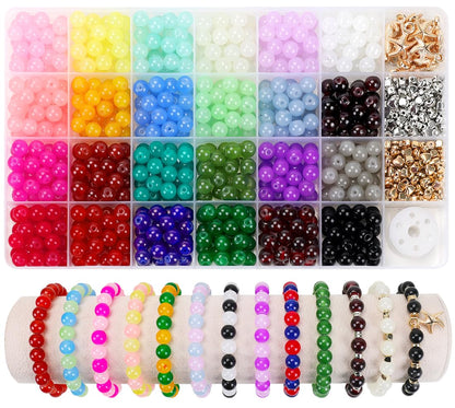 TrynJive 700pcs Glass Beads for Crafts– 24 Colors 8mm Crystal Glass Beads with Gold & Silver Spacer Beads and Elastic String for Bracelets, Necklace & DIY Crafts