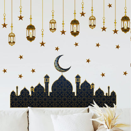 Ramadan Wall Stickers Islamic Muslim Wall Decals Eid Mubarak Ramadan Lantern Moon Star Window Decor for Home Living Room Bedroom Decorations Ramadan Wall Clings (Gold and Navy Blue)