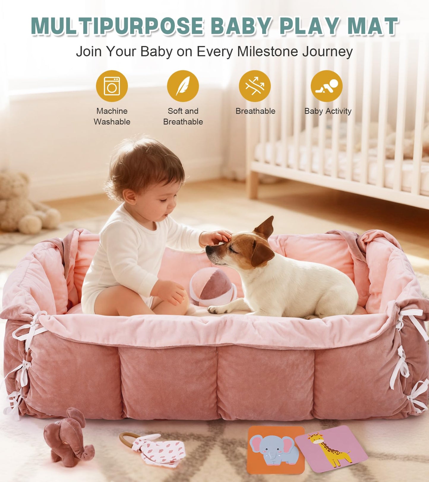 5-in-1 Baby Play Gym and Tummy Time Mat, 12 Learning Cards, Plush Activity Mat with 6 Toys, Baby Gym, Convertible to Ball Pit, Baby Gift, Pink