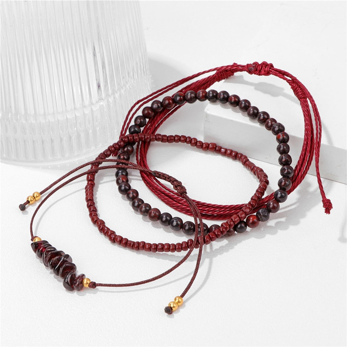 MORIANCE 4Pcs Garnet Bracelet for Women Garnet Healing Crystal Bracelets Boho Bead Bracelet Handmade Red Natural Stone Bracelets Red Jewelry for Women