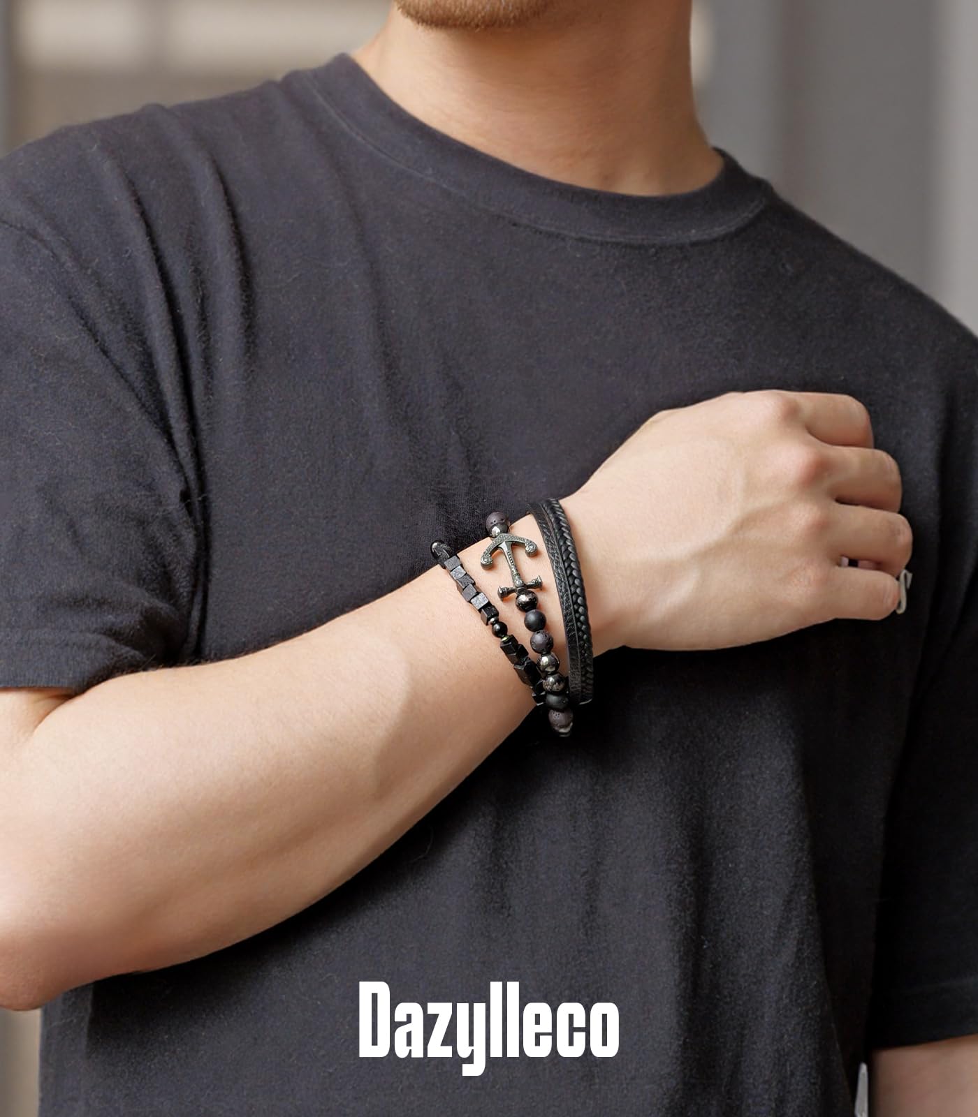 Dazylleco 3pc Mens Beaded Bracelets Silver Stainless Steel Chain Bracelet for Men Handmade Braided Bracelet Sets Jewelry Gifts for Men(89-Black Anchors)