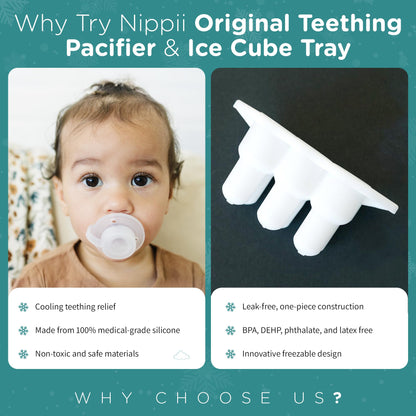 Nippii Freezer Teether Pacifier & Ice Cube Tray - Soft Silicone Freezable Teething Paci for Baby Teething Relief - Cold Teething Toy for 0-9 Months - BPA Free, Medical Grade & Easy to Clean