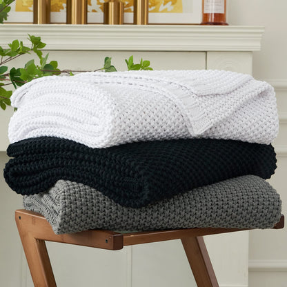 Chunky Cable Knit Throw Blanket Lightweight White 100% Organic Cotton Blanket for Sofa Couch Bed Baby Nursery, Rustic Shabby Chic Modern Farmhouse, Pure White 51” x 63” Give Laundering Bag