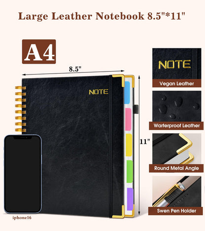 Hardcover Large Spiral Notebook 8.5" x 11" with Removable Dividers Tabs, 300 pages Leather 5 Subject Notebook College Ruled, A4 Journal for Women Men, Notebooks for Work School Note taking,Black