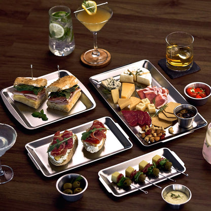 Wagensteiger SUS304 Stainless Steel Serving Platters, Rectangle Metal Dinner Plate with Handles, Decorative Tray, Lightweight, Cheese Board, Oven Safe (14.17 x 7.87 inches)