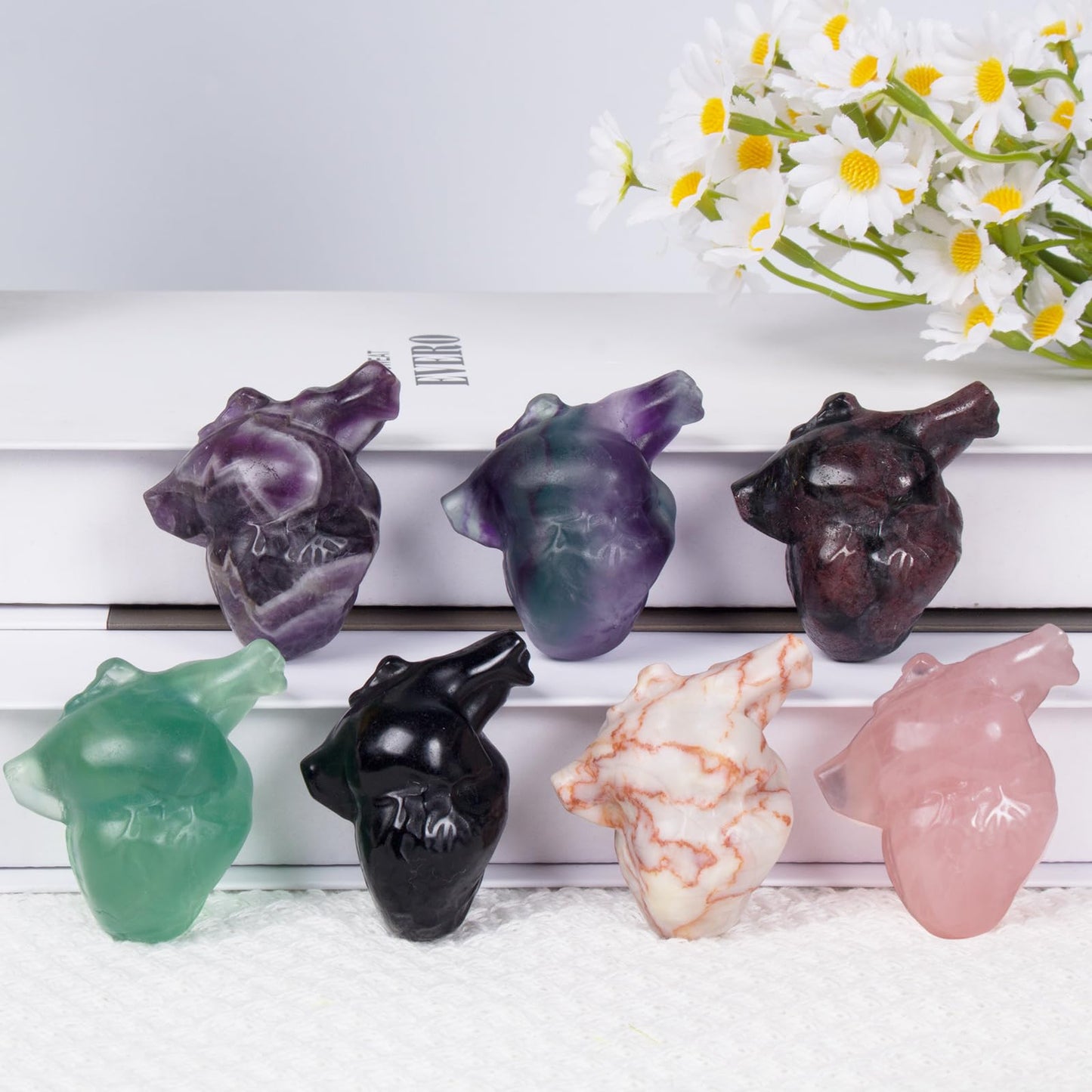 Rose Quartz Crystal Heart Figurines, 2.1 Inch Crystal Heart Love Statue for Home Decor, Meditation and Stress Relief, Hand Carved Natural Healing Stone Cardiac Sculpture Spiritual Gift for Women