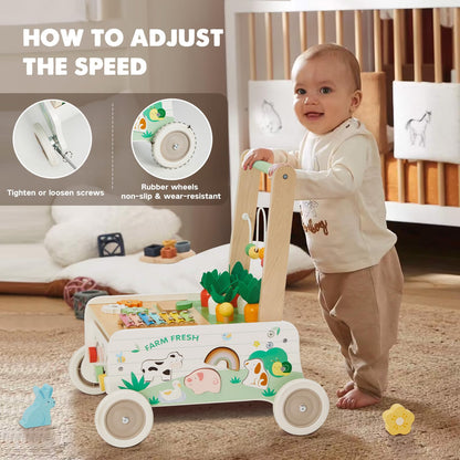 Wooden Baby Walker, Baby Push Walker, Adjustable Speed Baby Walker with Wheel, Toddler Activity Center Toys, Montessori Farm Walker Toy with Shape Sorter, Carrot Harvest for Boys and Girls