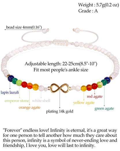 Jewever 7 Chakra/Shell Beaded Anklet Adjustable Handmade Natural Healing Crystals Infinity Charm Ankle Bracelets for Women Gemstones Summer Beach Anxiety Yoga Jewelry