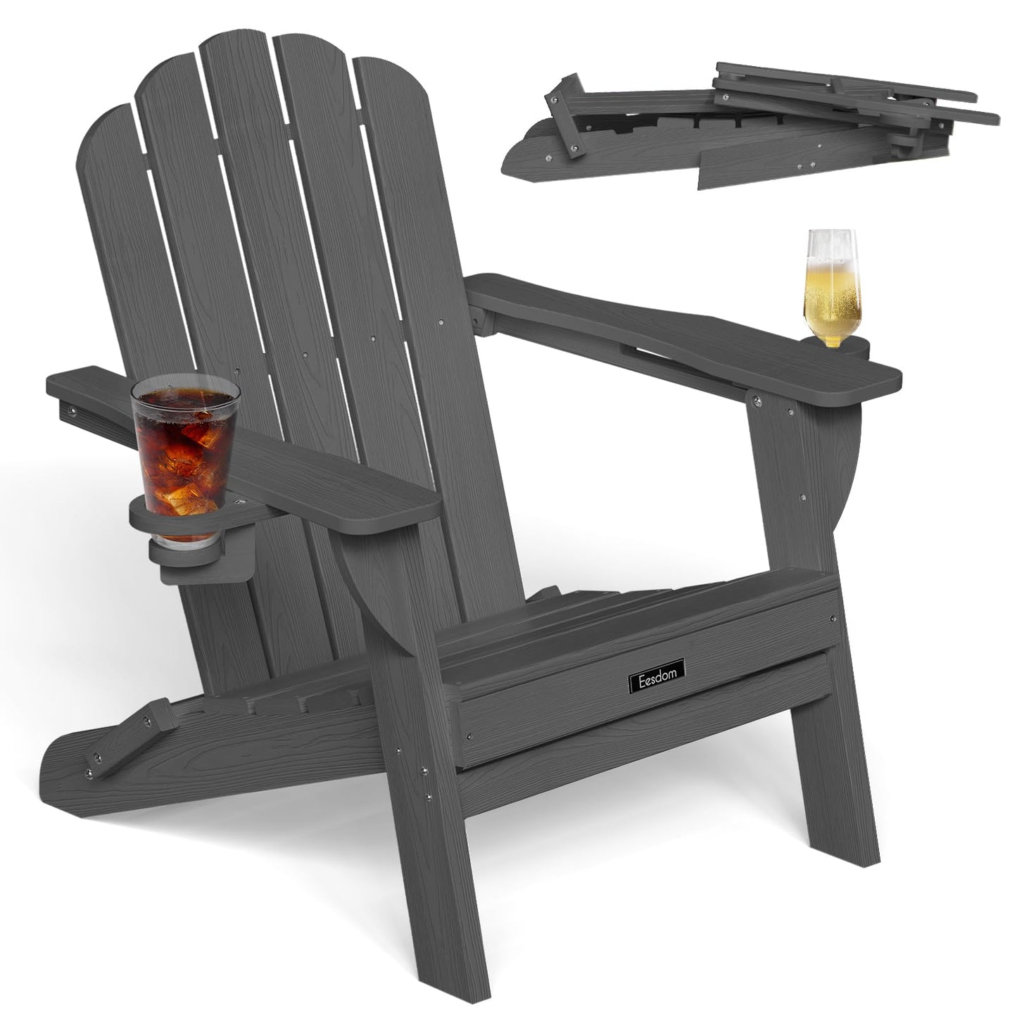 Eesdom Folding Adirondack Chair, HDPE Adirondack Chair with 2 Cup-Holders, Outdoor Chairs for Poolside, Garden, Patio, Grey