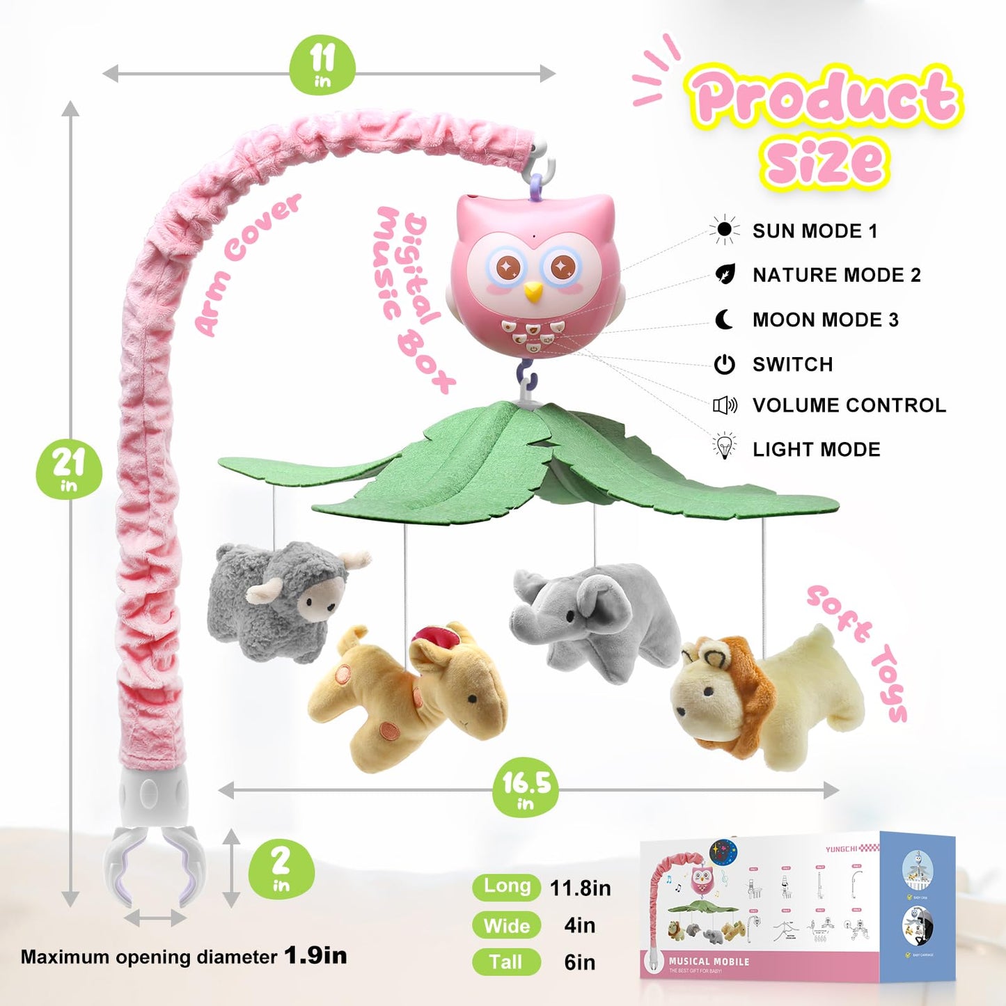SUMWE Baby Crib Mobile with Music and Lights for Boys Musical Mobile Animals for Crib Bassinet Girls Toys Hanging Portable Safari Nursery Decor Pink