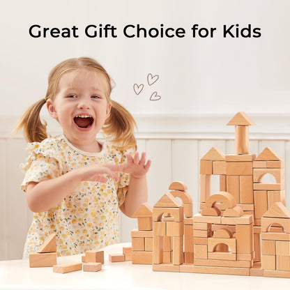 MEEYOO 100pcs Natural Beech Wooden Building Blocks for Toddlers 1-3, Wooden Blocks for Baby Shower with Storage Bucket, Montessori Toys for Preschool Girls and Boys