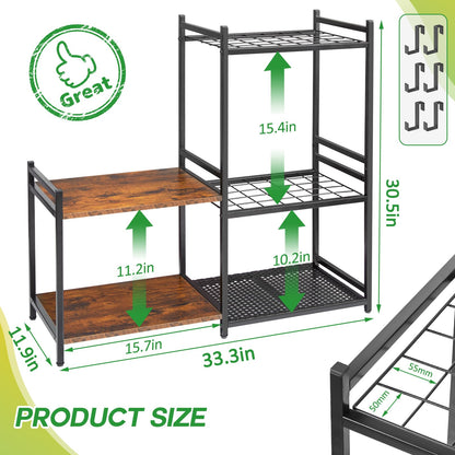 DAOUTIME Garage Tool Organizer with 2-tier Wooden Shelves, Yard Tool Organizer for Garage with 6 Hooks, Heavy duty Steel Garden Tool Rack Holds up to 35 Long Handled Yard tools for Storage, Black