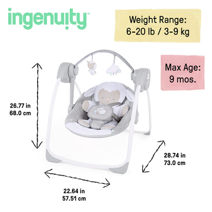 Ingenuity Comfort 2 Go Compact Portable 6-Speed Cushioned Baby Swing with Music, Folds Easy, 0-9 Months 6-20 lbs (Cuddle Lamb)