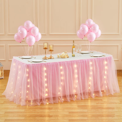 6FT Pink Tulle Table Skirt with LED Lights 2-Layer Ruffle Tulle Tutu Cloth Desk Table Skirt for Birthday Party Baby Shower Wedding Banquet Cake Dessert Decorations