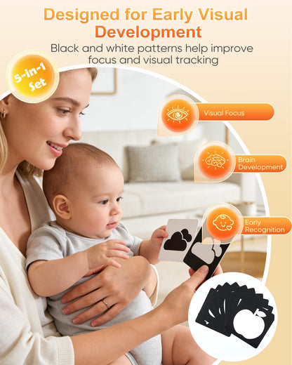 Montessori Toys for Babies 0-6 6-12 Months, Sensory Developmental Baby Toys, Tummy Time Toy - 5 in 1 Wooden Learning Toy Set, High Contrast Cards, Mirror & Spinning Drum for Newborn Infant Gift
