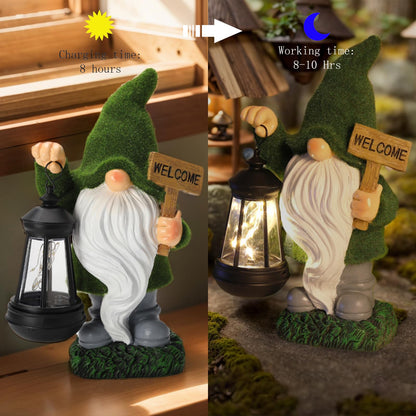 halp·ssfm St Patrick’s Day Green Garden Gnome Statue with Solar Lantern Welcome Sign Outdoor Decor for Porch Lawn Patio Yard Holiday Decorations Housewarming Gifts for Women