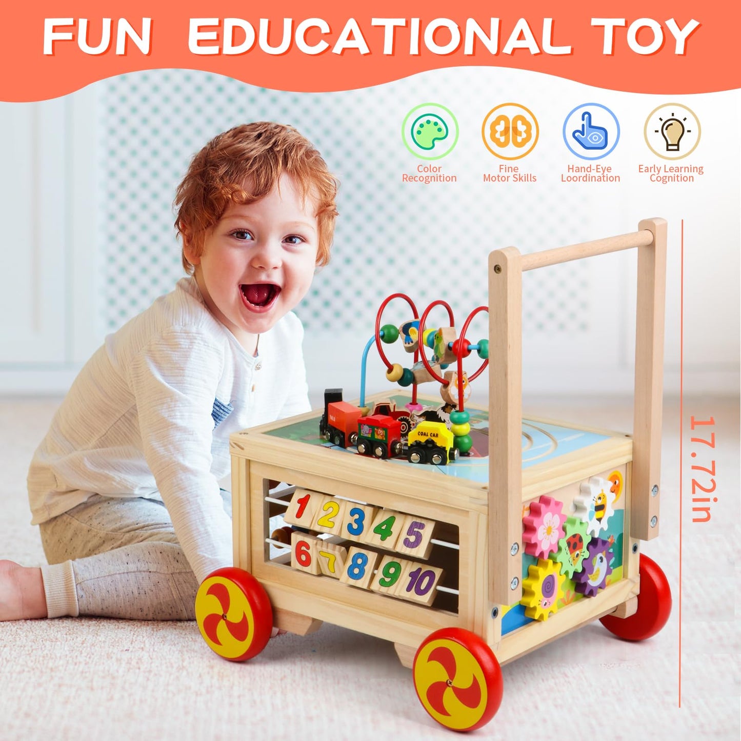 Wooden Activity Cube 7-in-1 Montessori Toys for 1+ Year Old Boys Girls Educational Learning Toys for Toddlers Age 1-2 One Year Old First Birthday Gift Bead Maze Magnetic Trains Track Shape Sorter