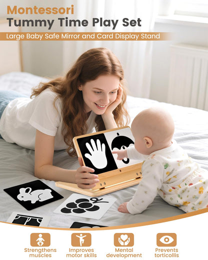 Brezlio Tummy Time Mirror for Baby Montessori Baby Floor Mirror with High Contrast Black and White Cards Infant Safe Mirror Toy for Newborn