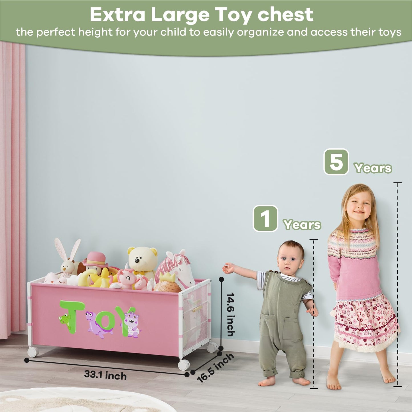 AIJIAMEIER 120L Kids Extra Large Toy Box with Wheels & Handle, 33.1” x 16.5” x 14.6” Big Toy Chest for Boys Girls, Toy Storage Organizer for Living Room Area, Playroom(Pink, 1PC)