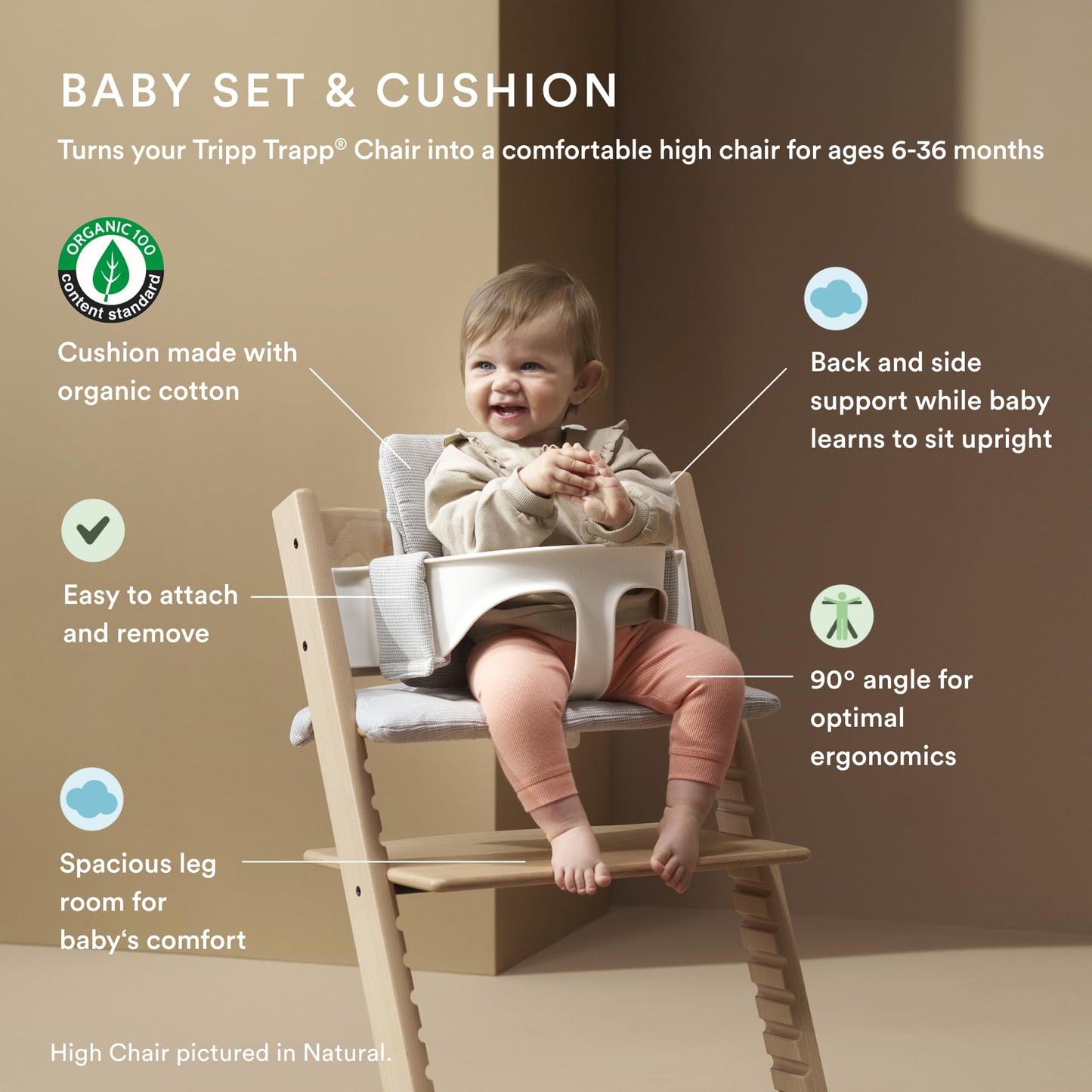 Stokke Tripp Trapp High Chair 2 (White) + Newborn Set + Cushion 2 (Nordic Grey) + Stokke Tray (White) - Includes Chair & Baby Set with Removable Harness for Children 6-36 Months