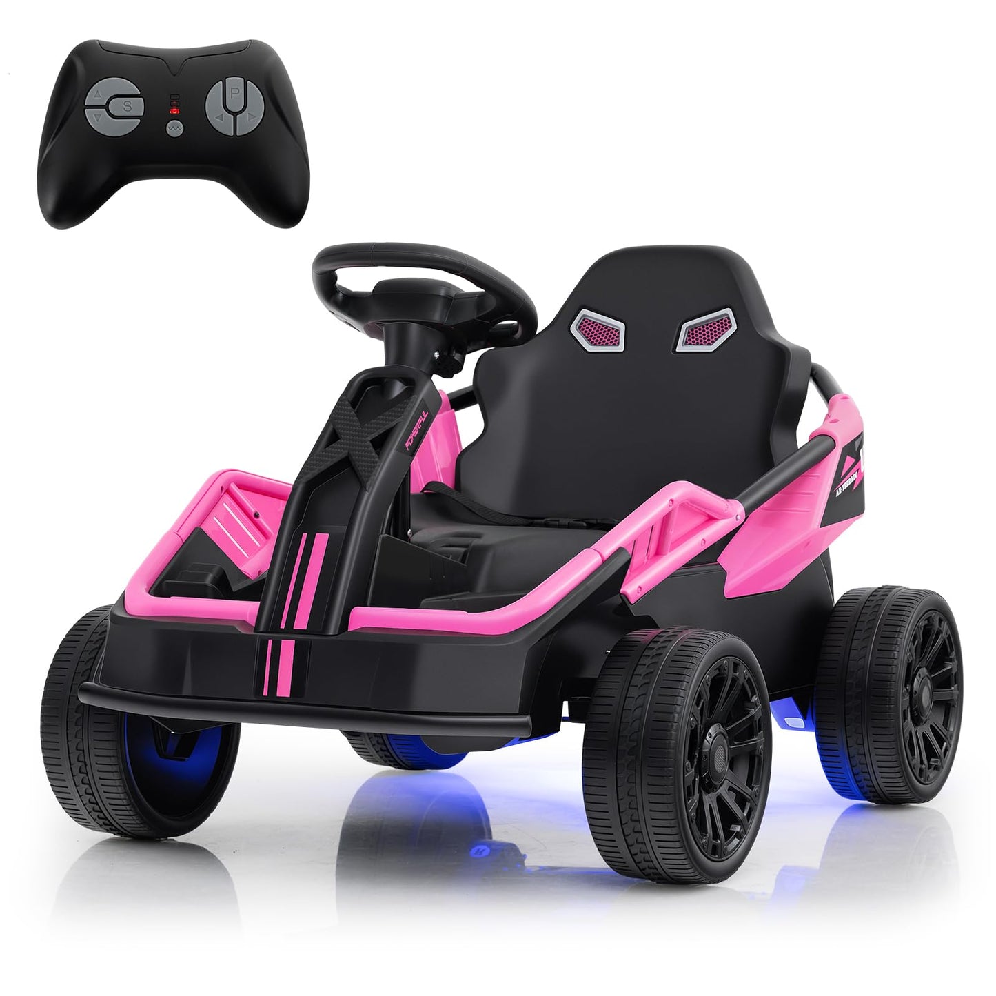 Costzon Electric Go Kart for Big Kids, 12V Ride on Race Toy Car w/Remote Control, LED Lights, 3 Speeds, 16" Wide Seat, Shock Absorbers, Horn & Music, Racing Kids Electric Kart for Boys & Girls (Pink)