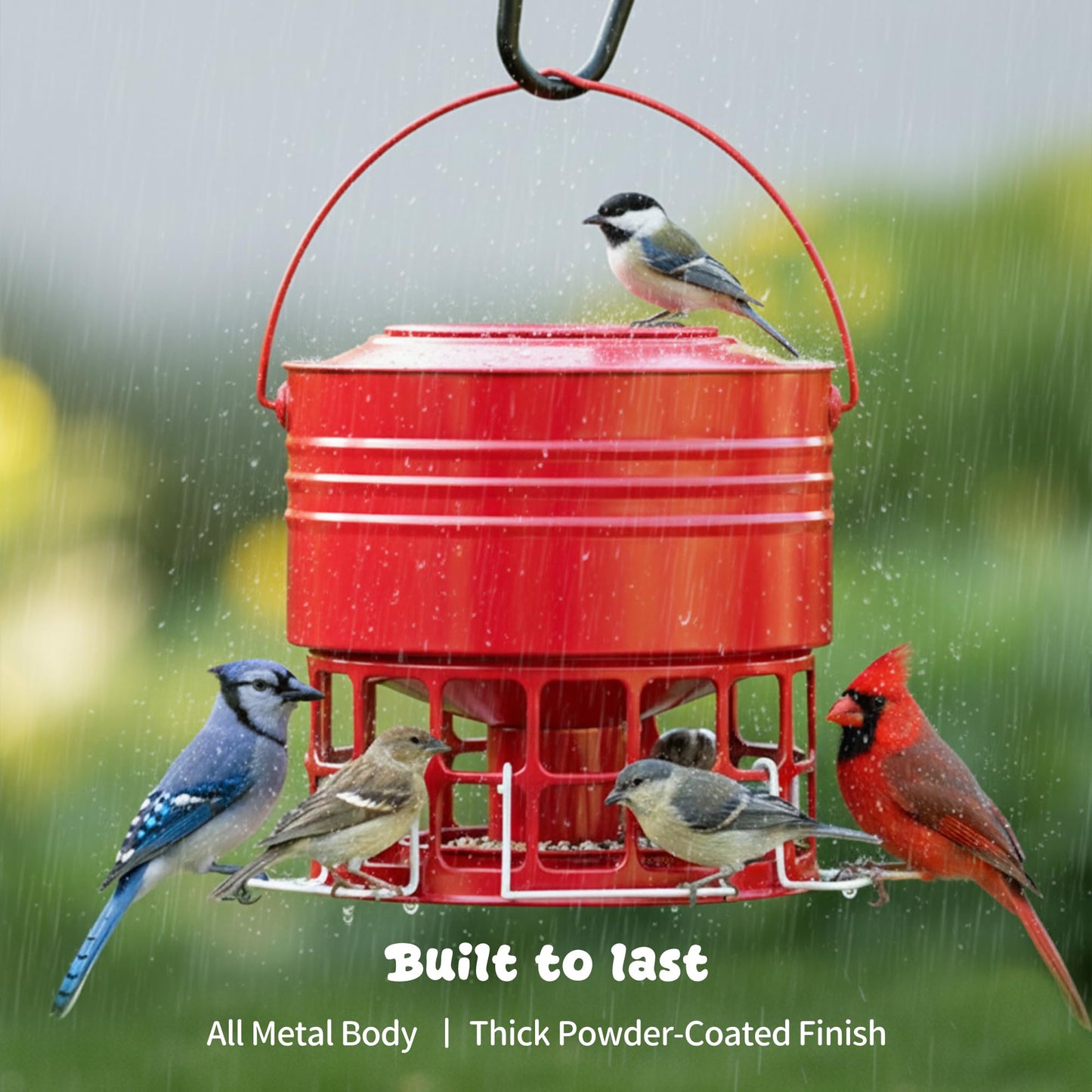 KOL Large Bird Feeder for Outdoors, 10LB Capacity Squirrel Proof Metal Feeder with 32 Feeding Ports & 3 Perches, Easy-Clean Hanging Birdfeeder for Cardinals, Bluebirds, Finches (Red)