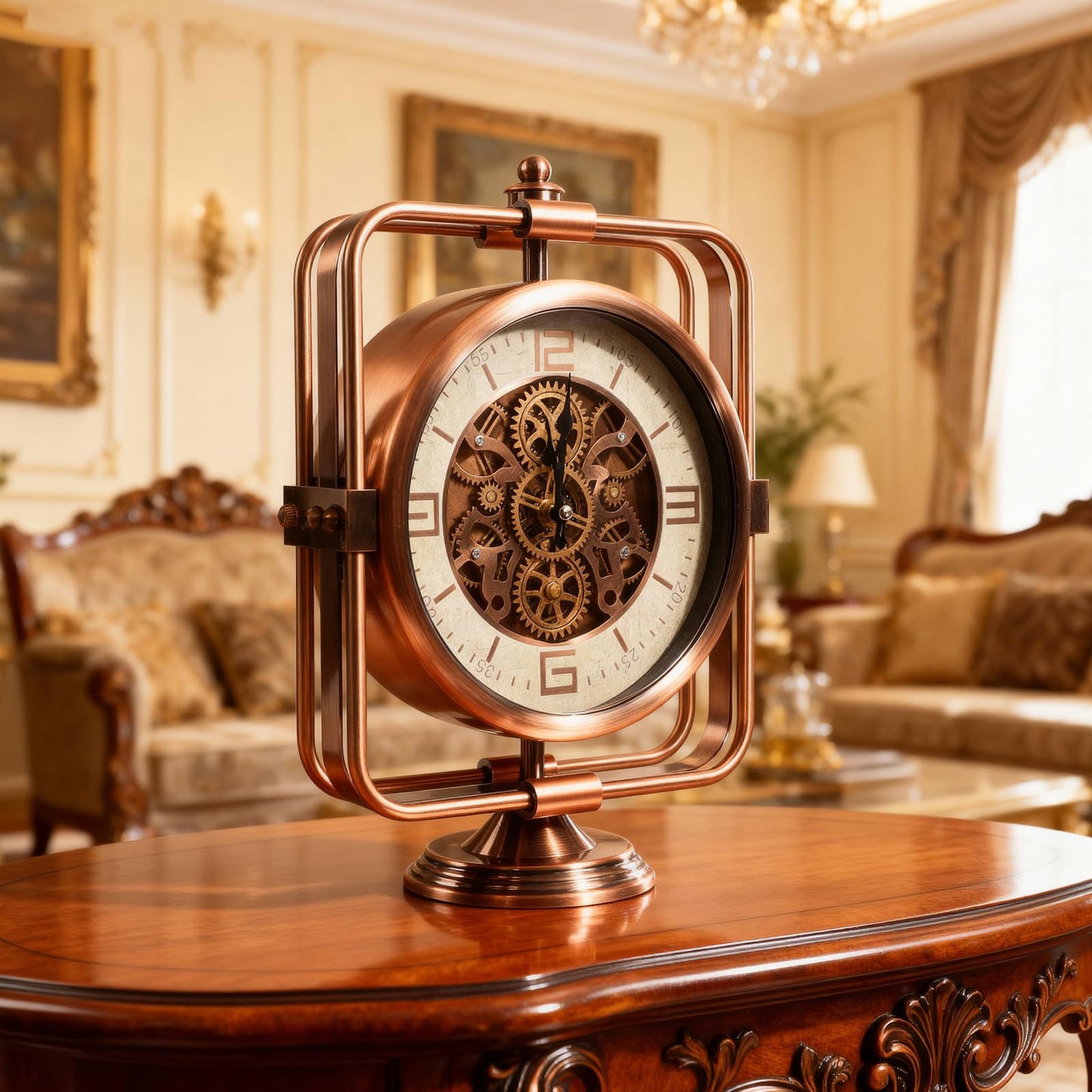 DORBOKER Moving Gears Desk Clock, Mantle Clock, Industrial Steampunk Art Decorative Clocks for Living Room Farmhouse Offcie, Christams Gifts Ideas for Father Boss Senior Friend (11inch-Red Copper)