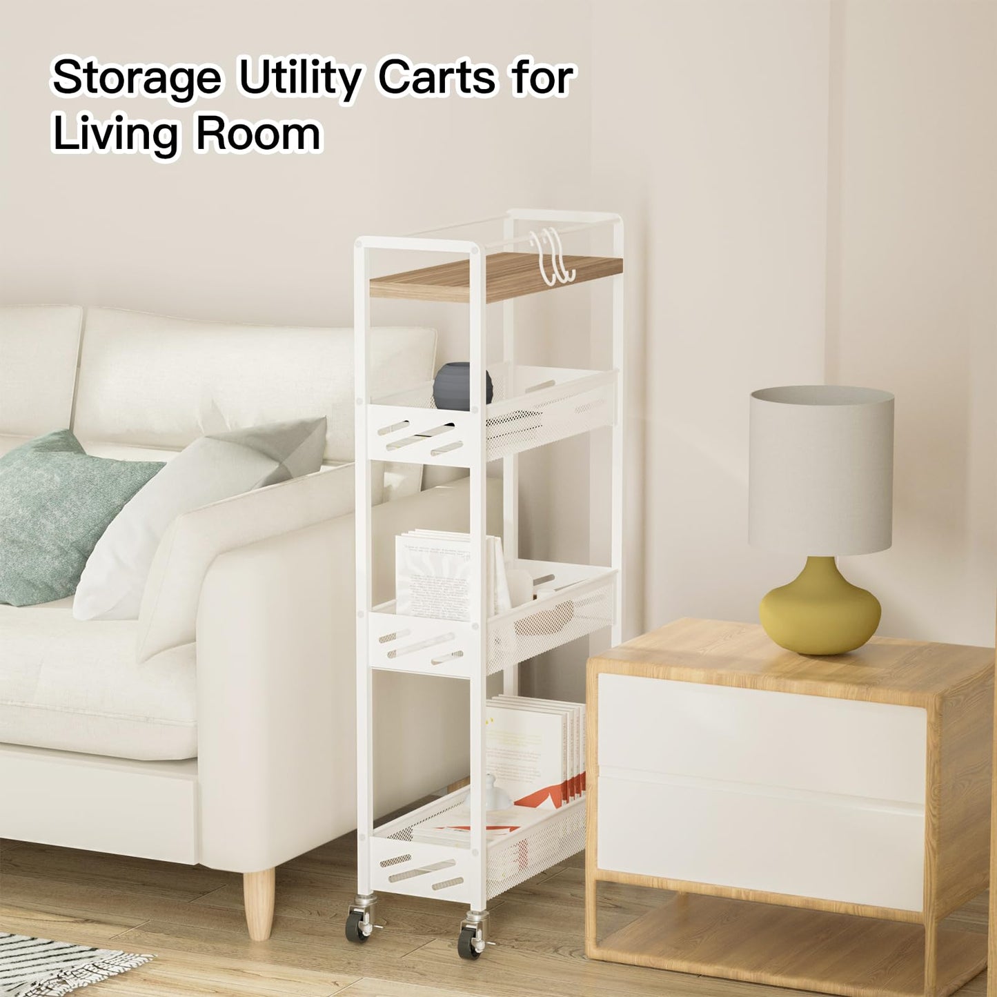 DGSNADGO Slim Rolling Storage Cart, 4-Tier Kitchen Cart on Wheels, Narrow Utility Cart with Handle and Wooden Tabletop for Small Space in Kitchen, Living Room, Bathroom, Laundry Room, Beige and White
