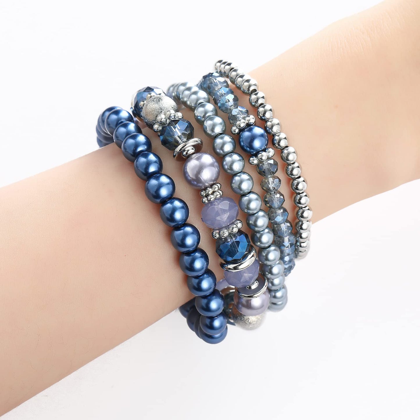 Noessla Beaded Pearl Stretch Bracelet Silver Stackable Crystal Beads Bracelets Trendy Costume Jewelry Mothers Day Gifts for Women(Blue)