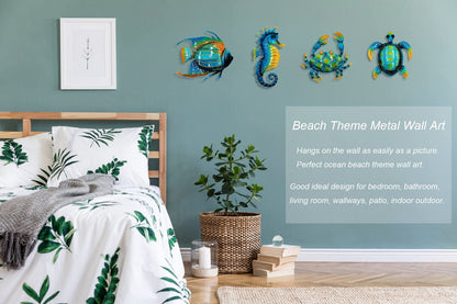 Meduofon Set of 4 Metal Outdoor Wall Art Decor, Blue Turtle Fish Crab and Seahorse Suitable for Beach Ocean Pool Decor, Metal Yard Fence Garden Children Room Bathroom Livingroom Wall Decoration