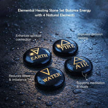 Crocon 4 Elements Black Tourmalinetones Round Shape Engraved Triangle Symbols (Earth Air Fire Water) Polished Palm Stones for Gemstone Reiki Crystals and Healing Stones Meditation Divination Gifts