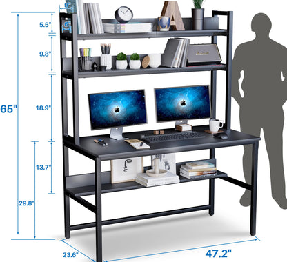 Aquzee Computer Desk with Hutch and Bookshelves, Large Leg Room 47 inch Width Black Desk with Space Saving Storage Shelves for Home Office,Study, Work, Easy Assemble