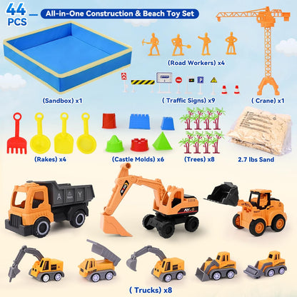 Sensory Beach Toys for Toddlers - 44PCS Sand Construction Kit with 8 Trucks, Foldable Sandbox, 2.7lbs Magic Sand, Crane, Signs, Molds, Shovel – Outoor Toys for Boys & Girls Ages 3+