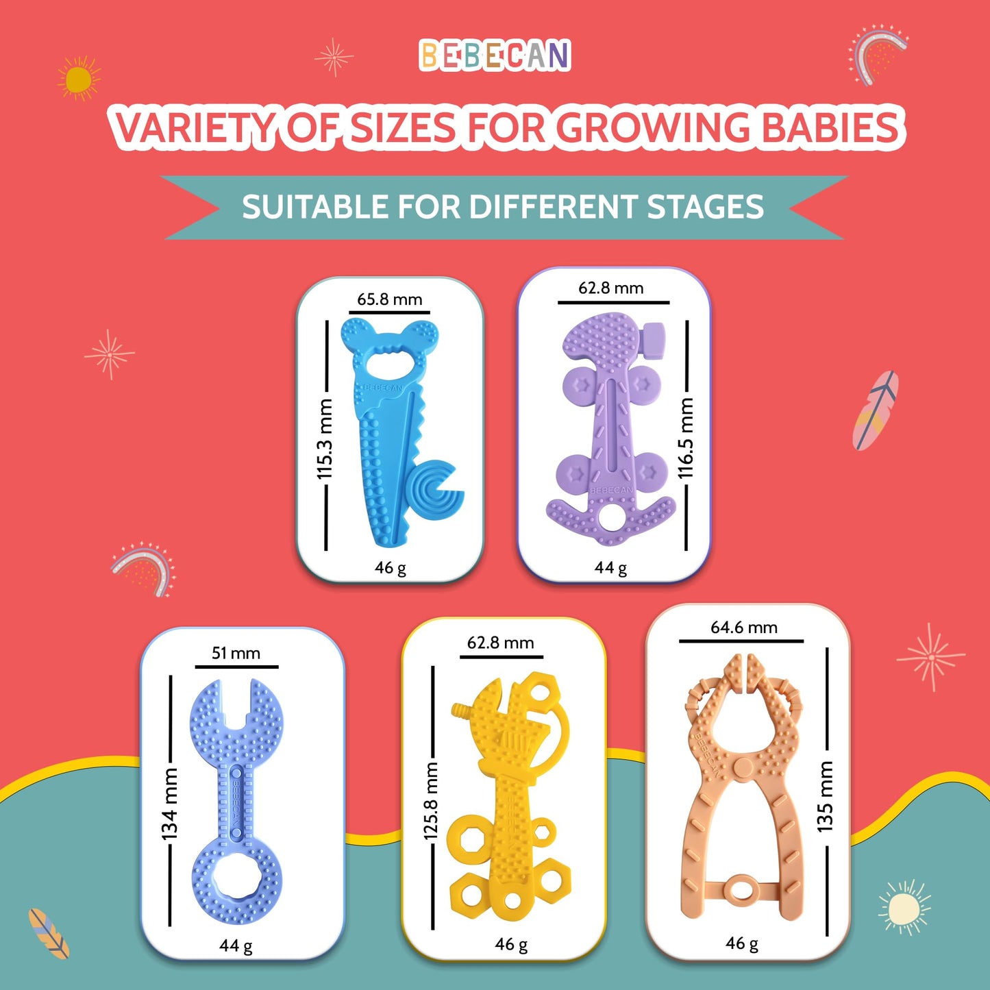 BEBECAN Teething Tools Teether for Baby - 5 Premium Food-Grade Silicone Baby Boy Teething Toys, 2 Straps for Safety and Travel Bag Tool Toys Provide Soothing Relief and Healthy Development.