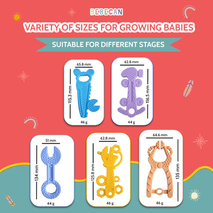 BEBECAN Teething Tools Teether for Baby - 5 Premium Food-Grade Silicone Baby Boy Teething Toys, 2 Straps for Safety and Travel Bag Tool Toys Provide Soothing Relief and Healthy Development.