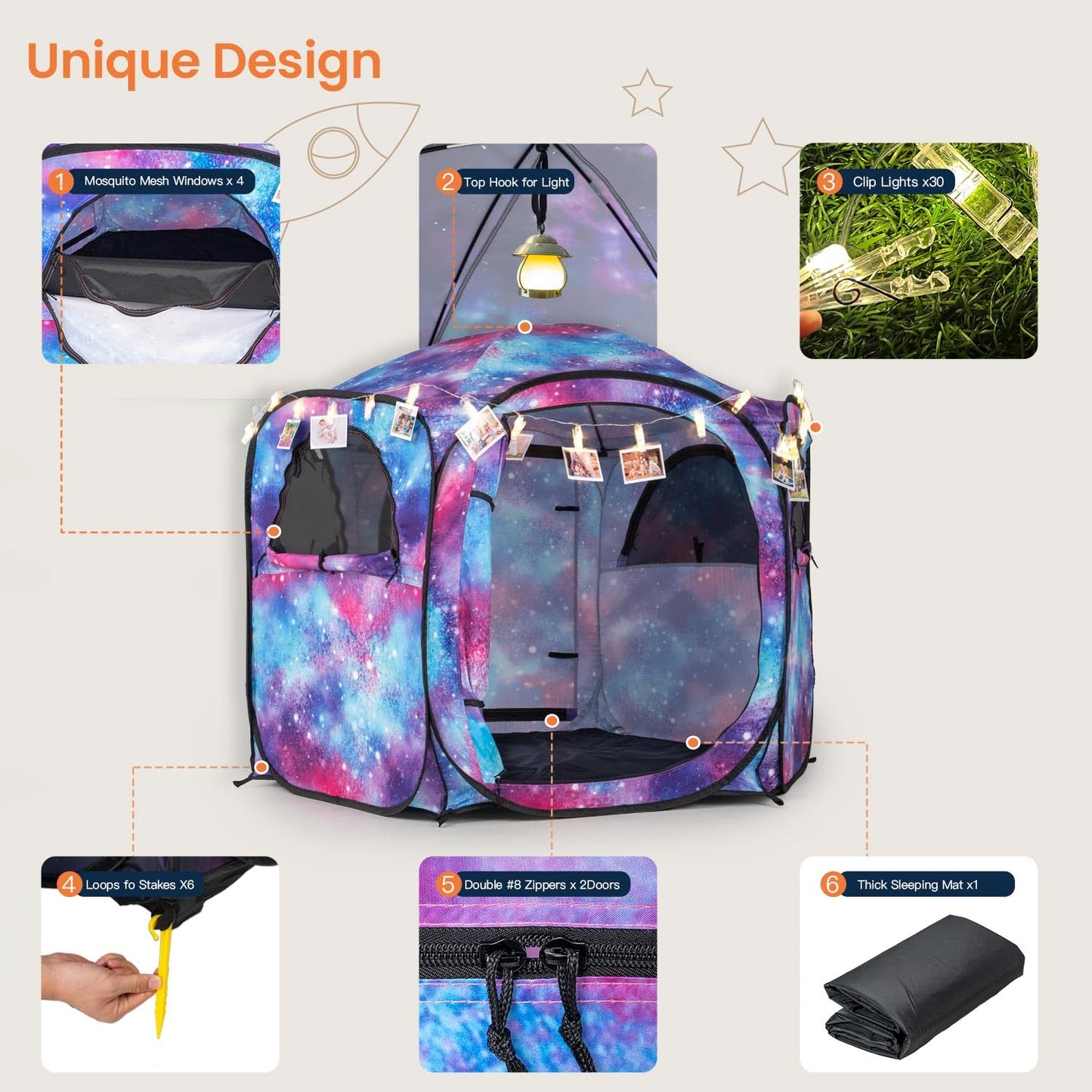 Porayhut Galaxy Pop Up Play Tent for Kids, 67" Hexagonal Privacy Sensory Tent with Removable Thick Mat & LED Photo Clip Lights, Light Blocking Indoor Outdoor Playhouse for Boys & Girls, Space Castle